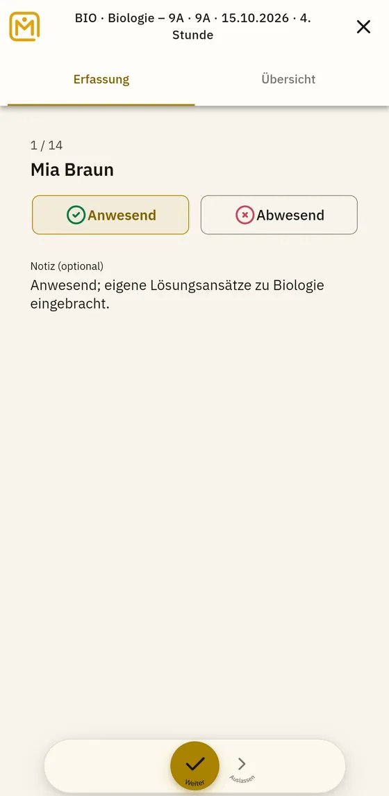 Anwesenheit einer Lerngruppe in Mapidu