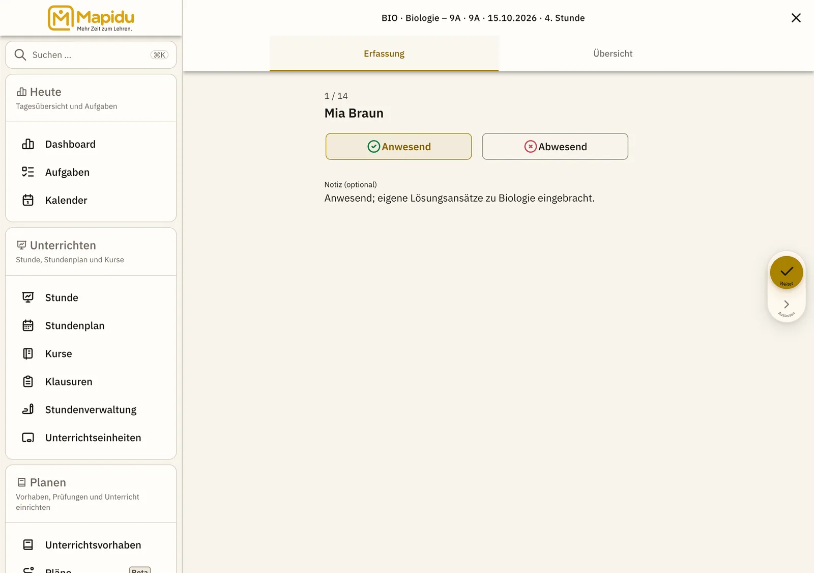 Anwesenheits-Sitzung mit Klassenübersicht und Erfassung.