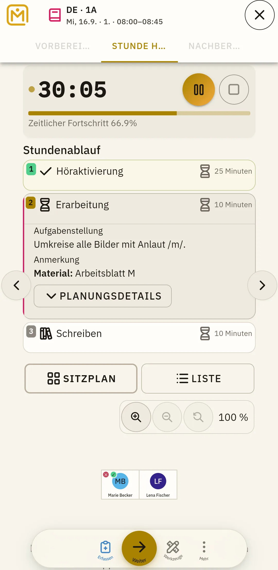 Dokumentation der Mitarbeit in der Stunde