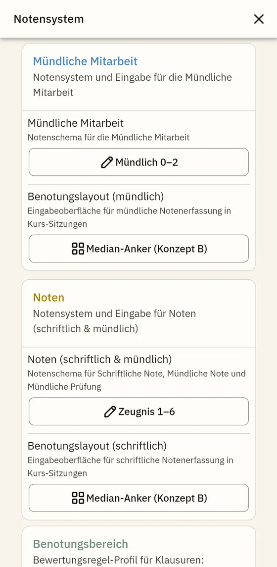 Notensysteme und Benotungslayout in den Einstellungen.