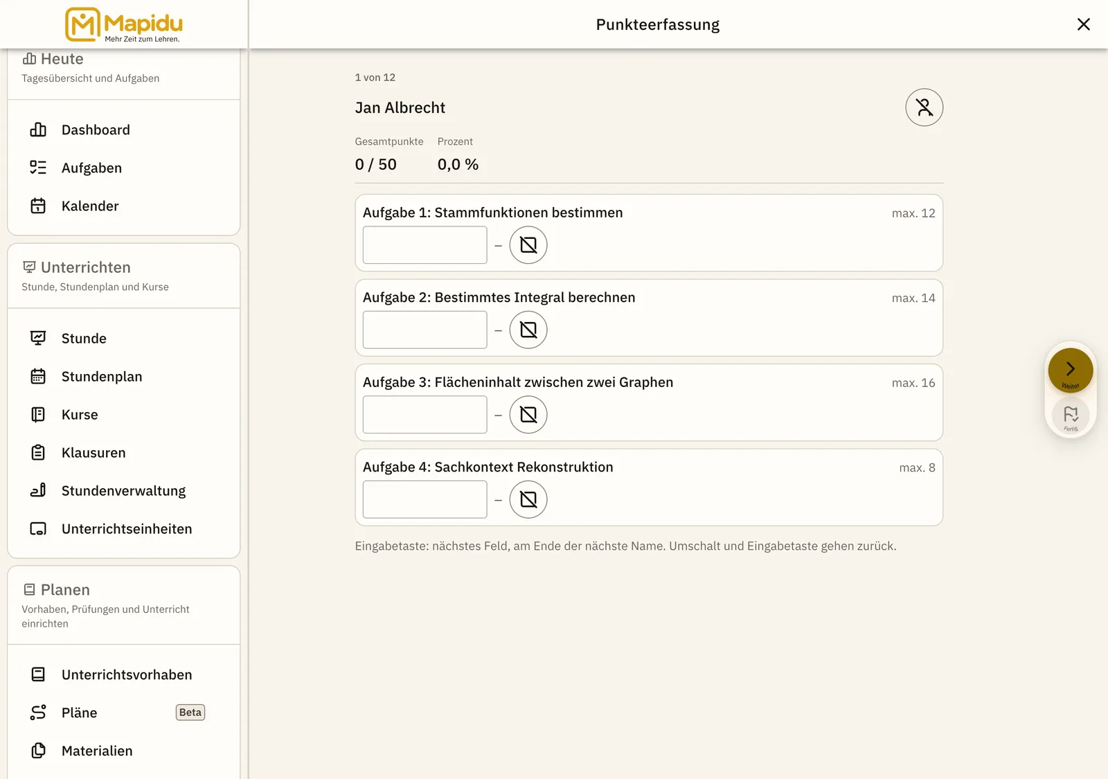Punkte einer Klausur systematisch für die Klasse erfassen.