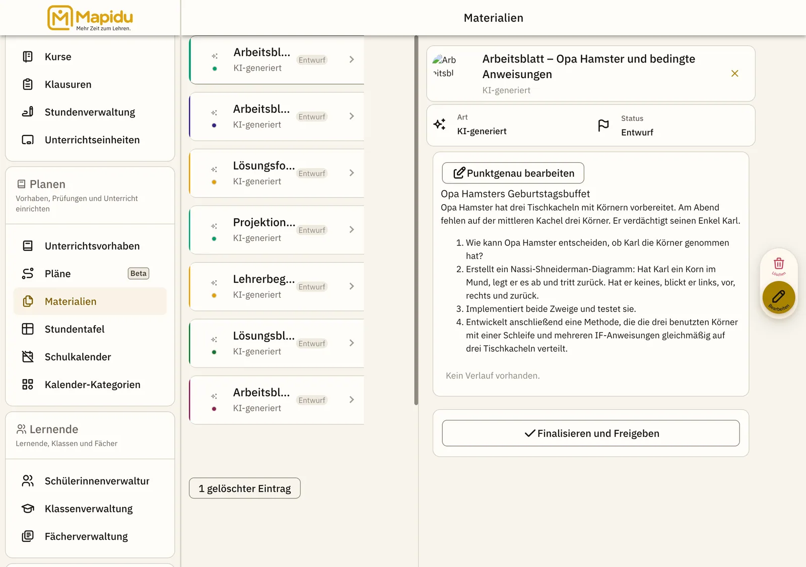 Ein gespeichertes Arbeitsblatt in der Materialverwaltung mit Dateiname, Größe und Freigabestatus.