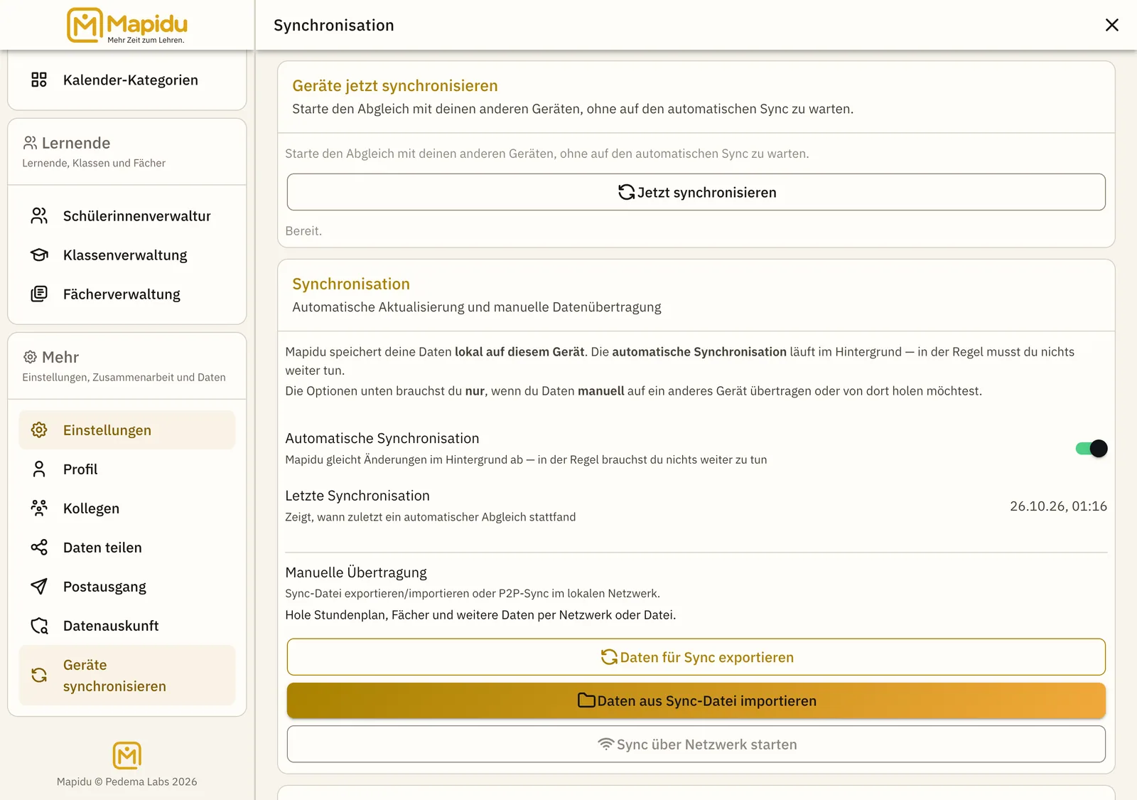 Synchronisation und Lehrer-Schlüssel in den Einstellungen.