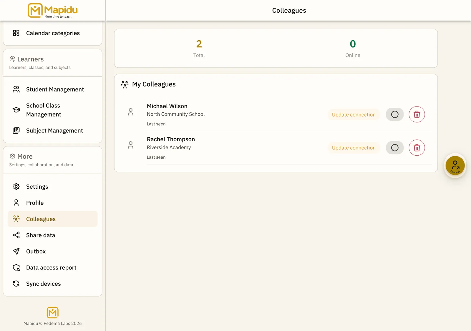 Colleague list with online status and outdated-connection hint.