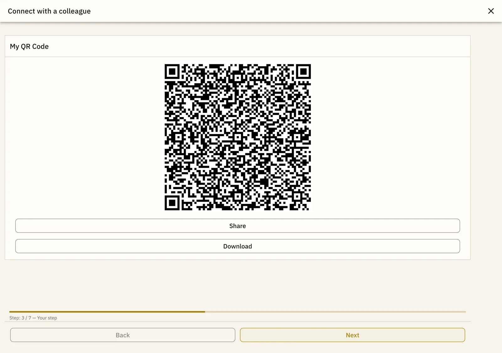 Connection wizard — QR code with Comm and Data public keys.