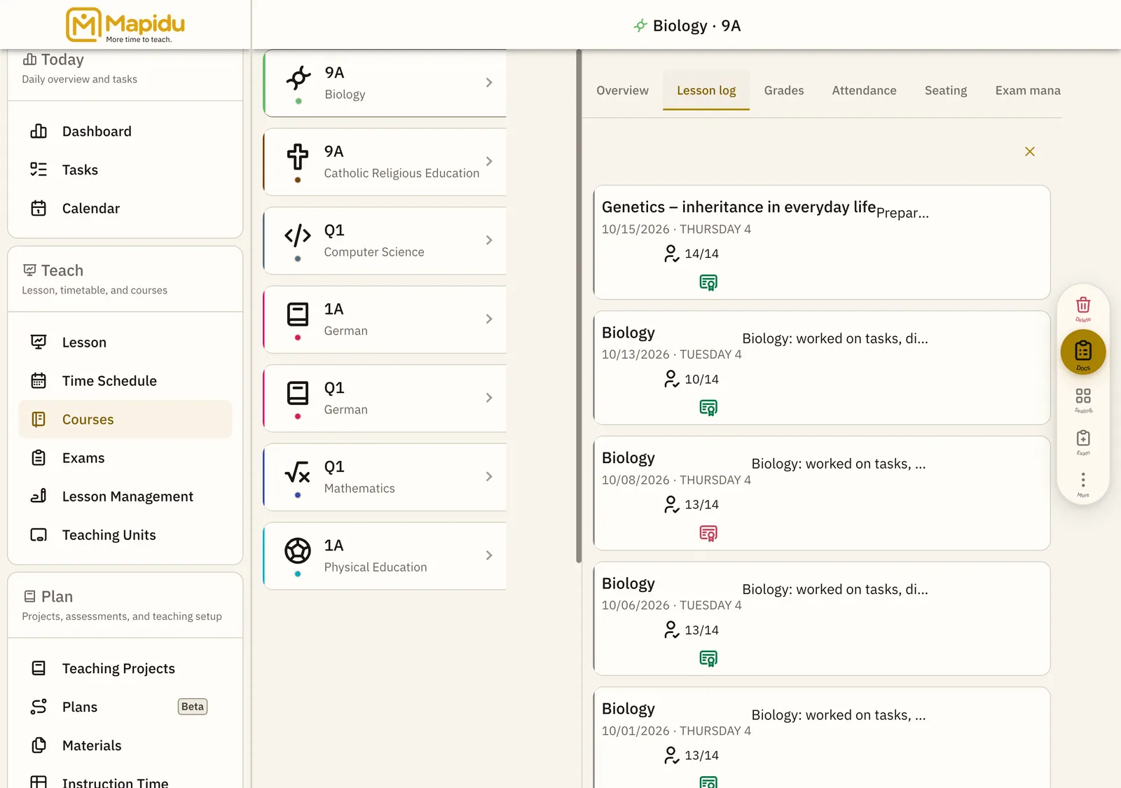 Teaching units chronologically in the course log.