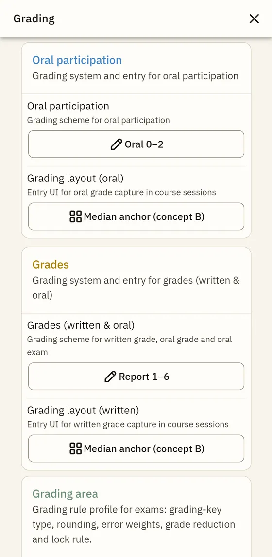 Grading systems and entry layout in Settings.