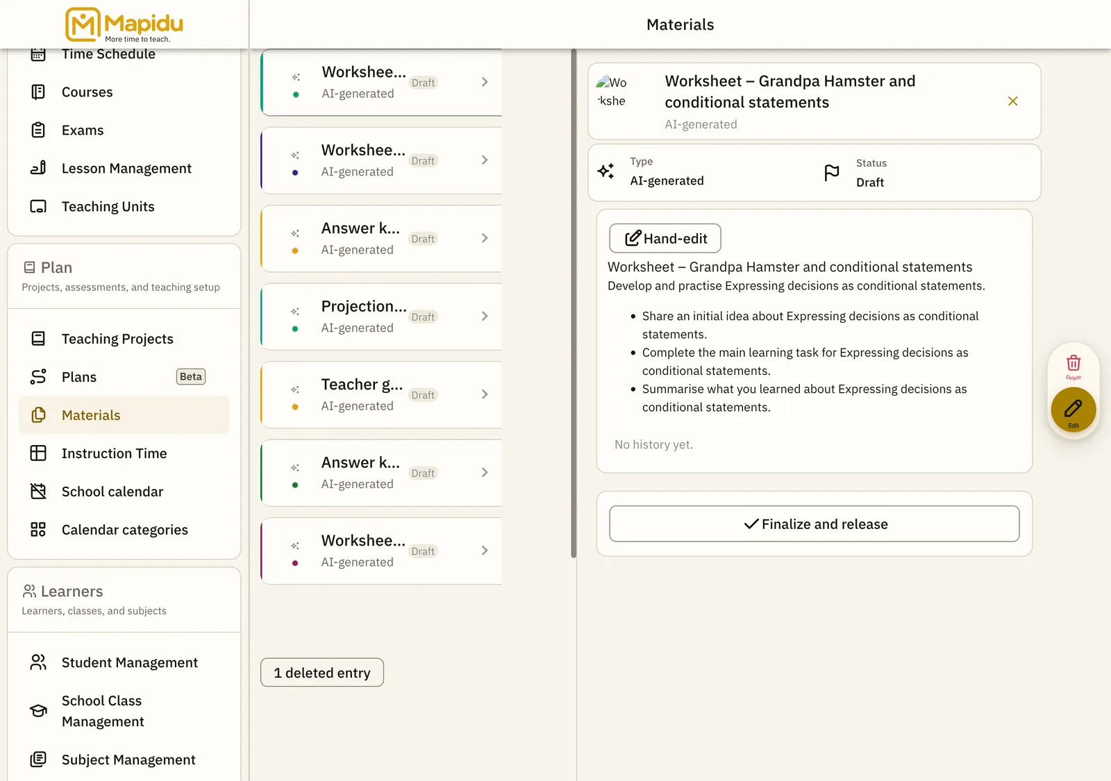 A saved worksheet in material management with filename, size and release status.