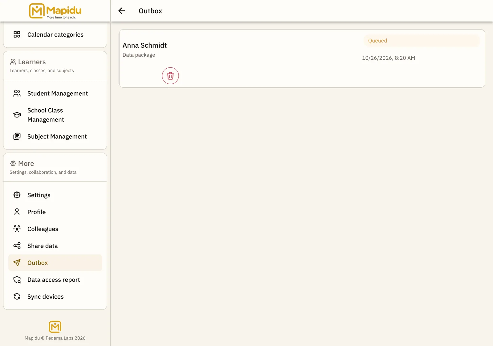 The outbox shows the state of outgoing packages.