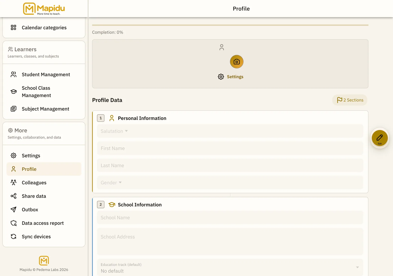 Your own profile with completion indicator and school details.