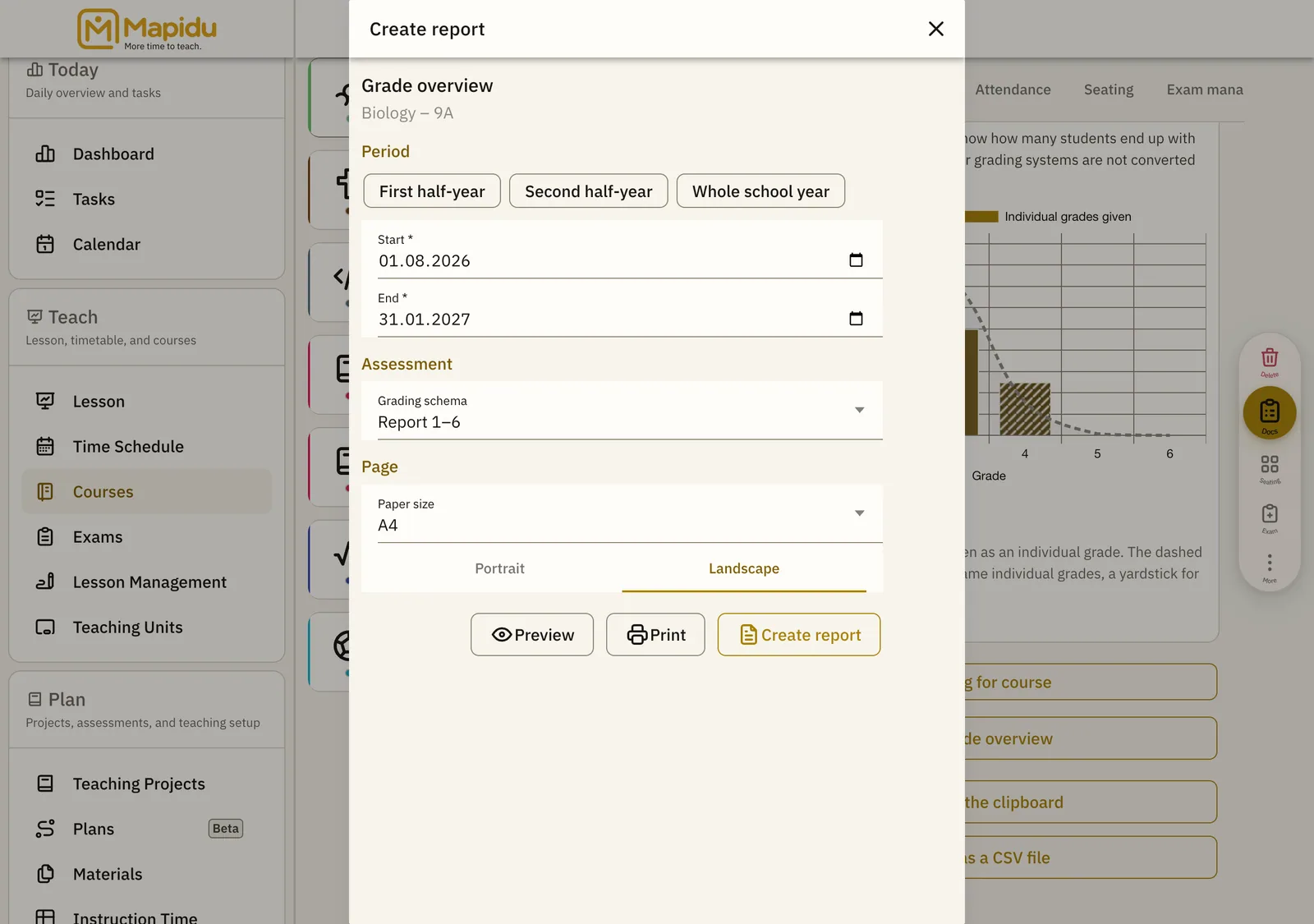 The report dialog with its output settings.