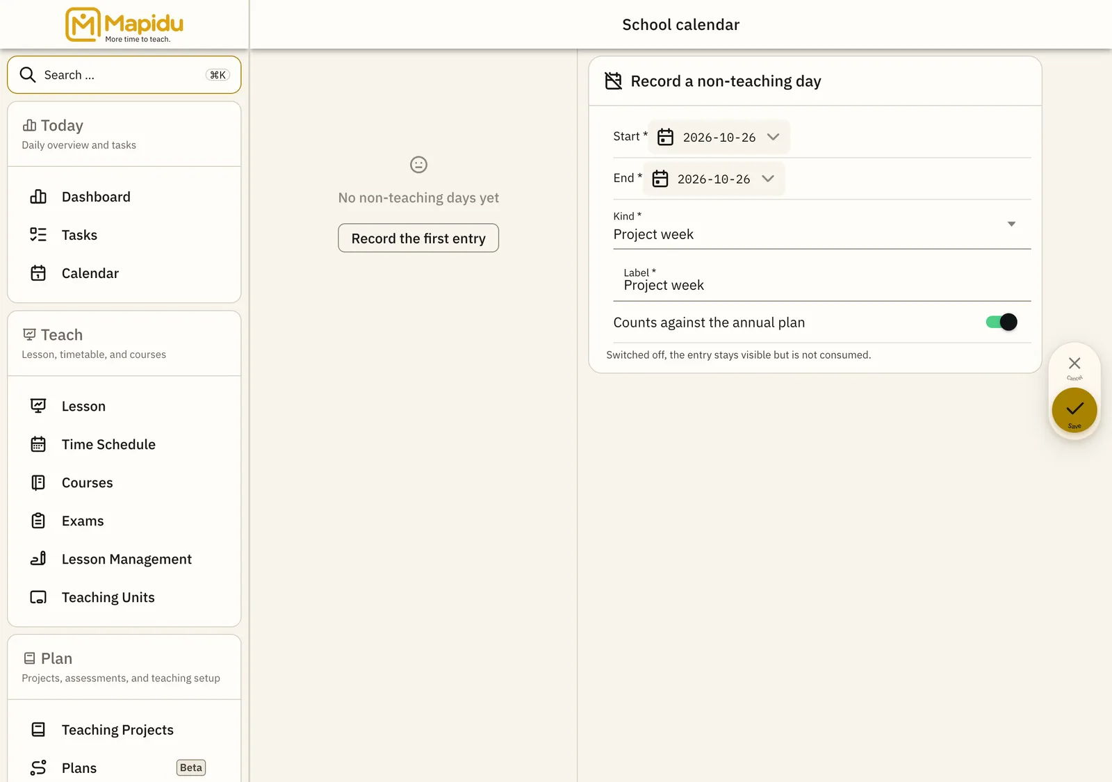The completed form for a project week: period, kind and label are visible before saving.