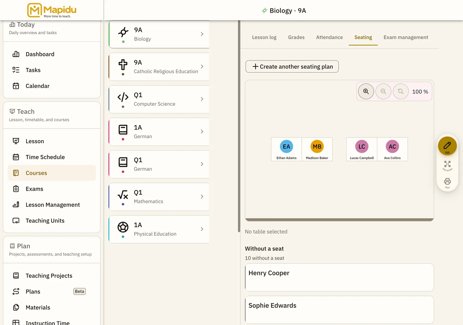The assigned seating plan in the course view.