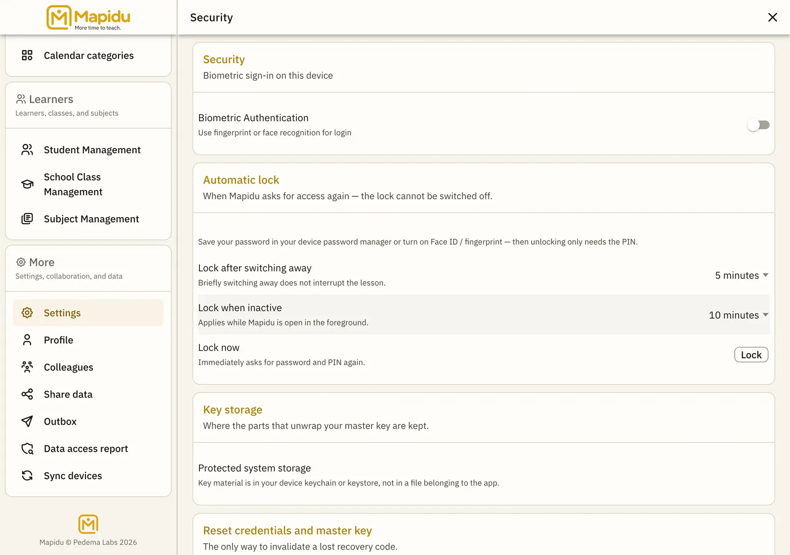 Security settings — biometrics and access.