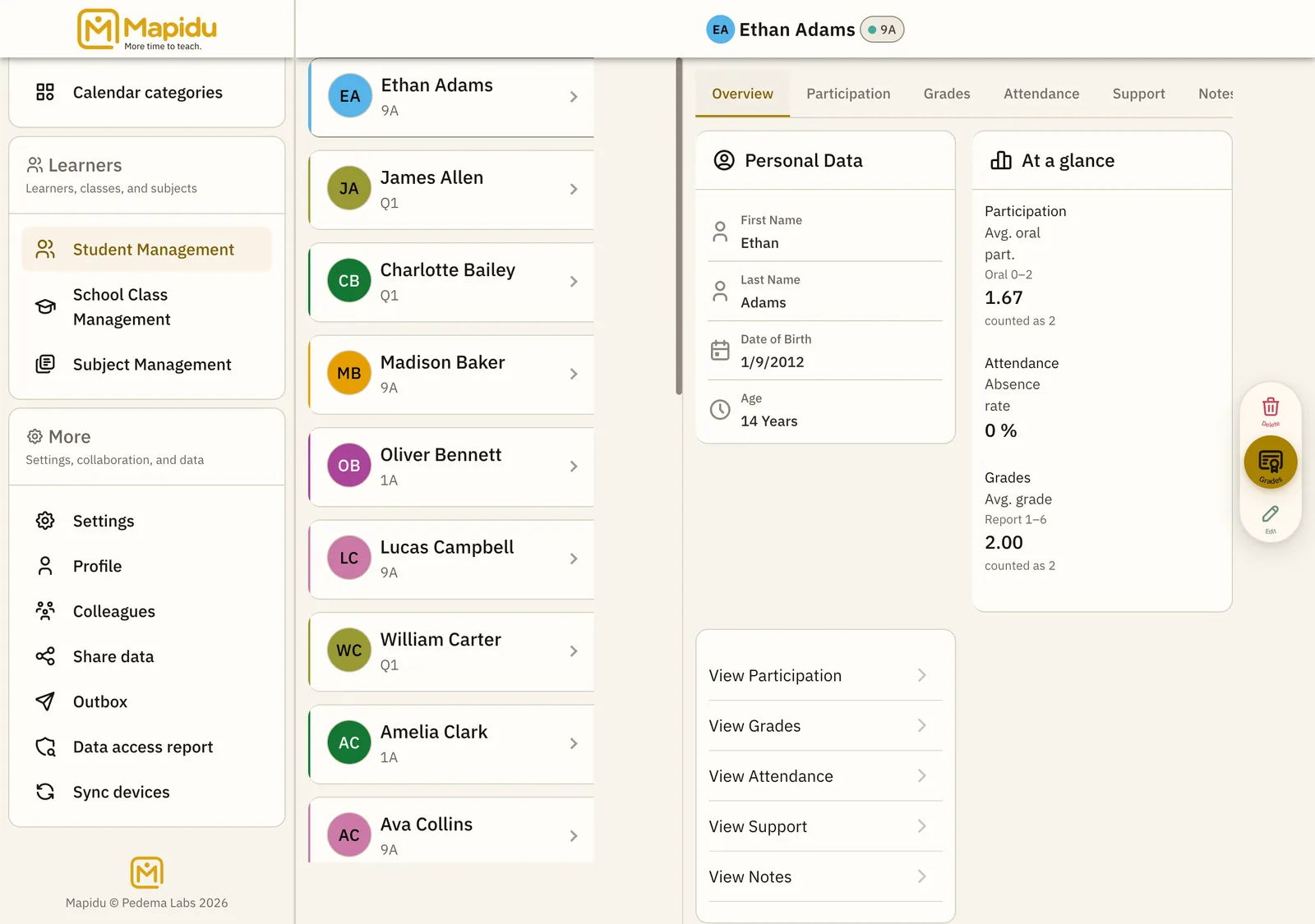 Student list with search and detail.