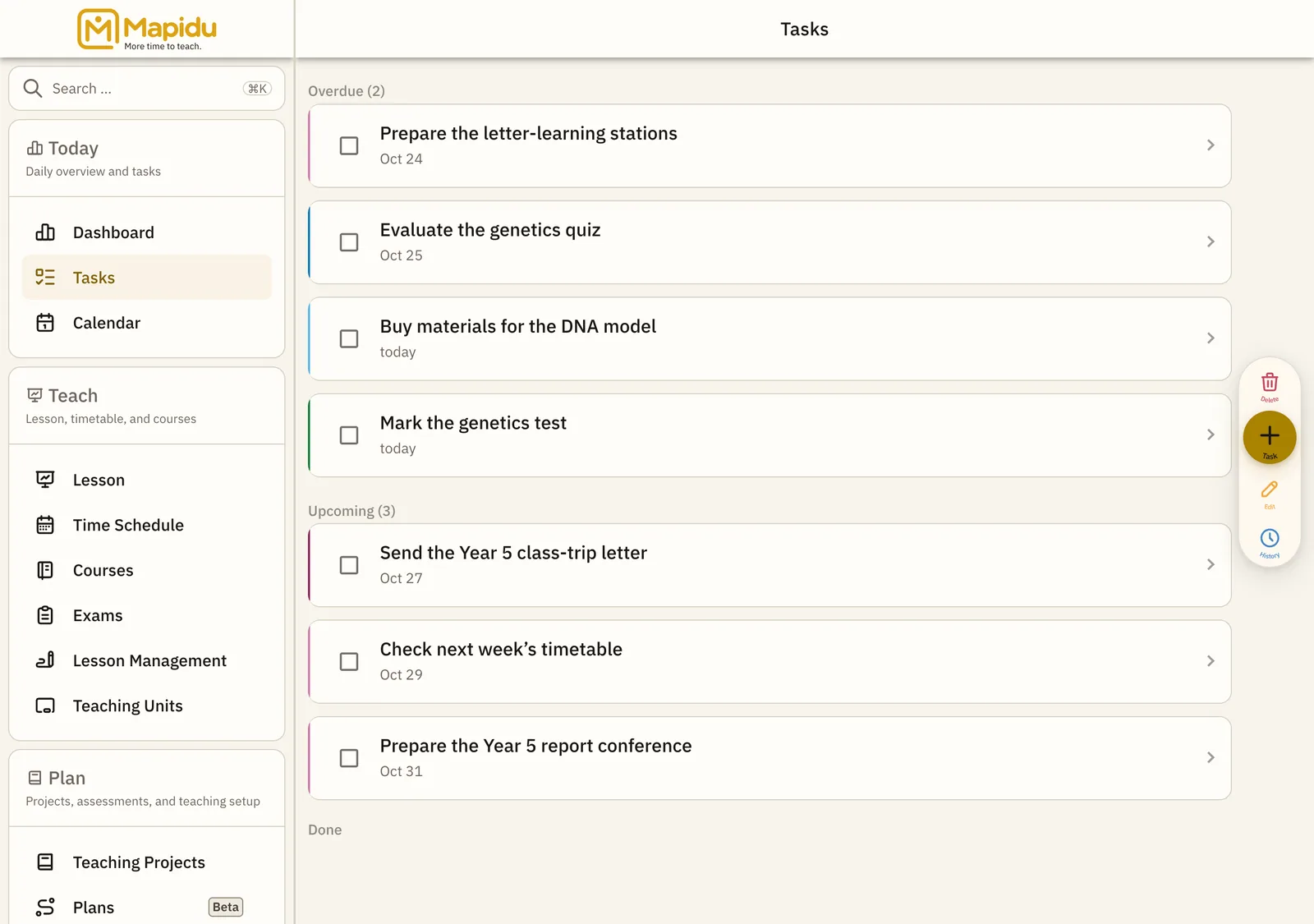 Task list grouped by due date.